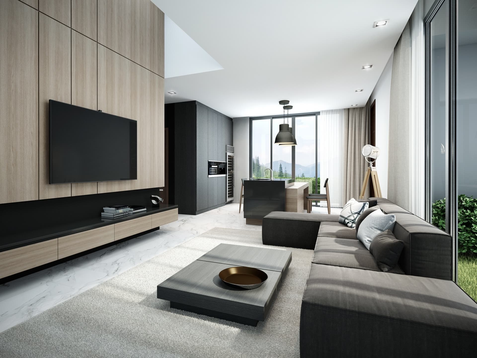 Modern living room with wall-mounted TV