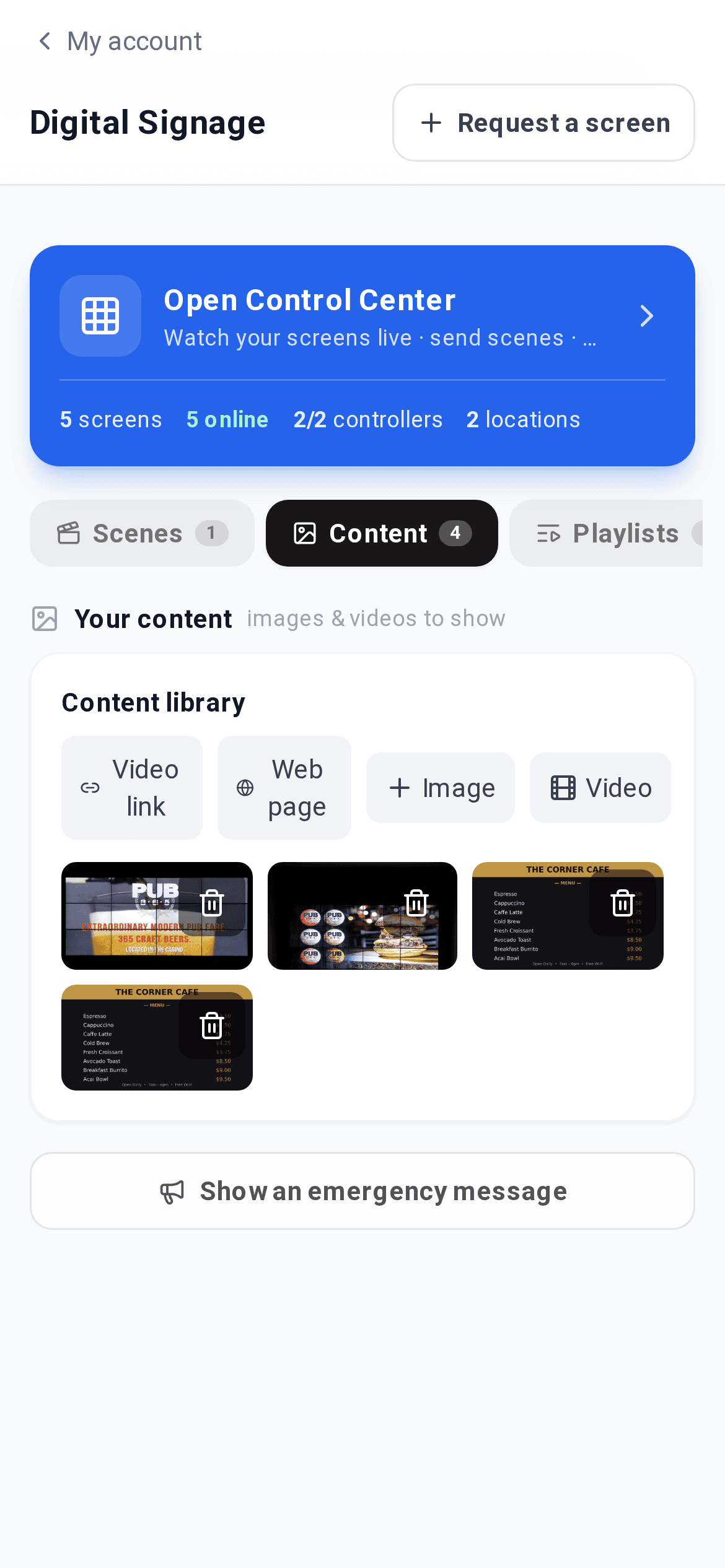 Client portal content library with menu boards and promo images