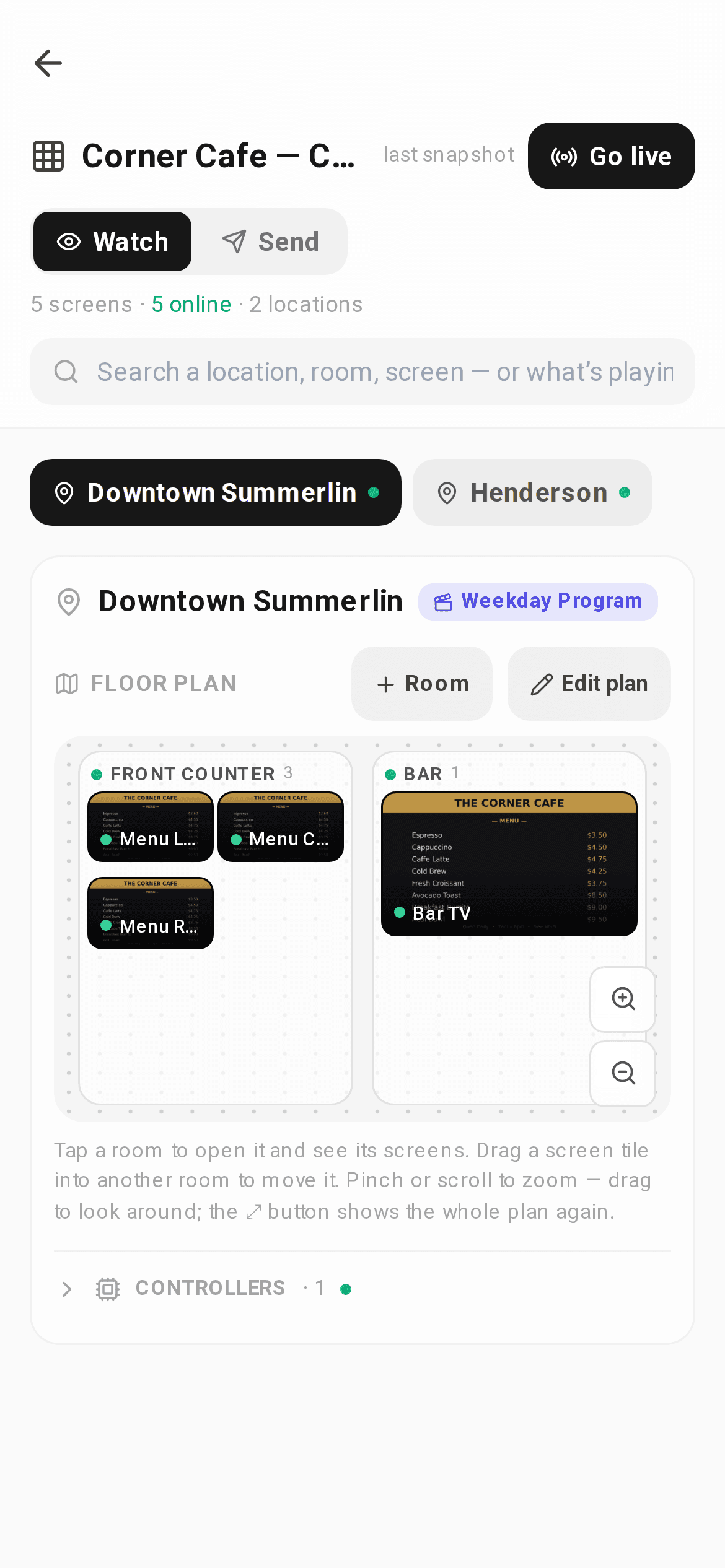 Client portal on a phone showing five screens online across two locations